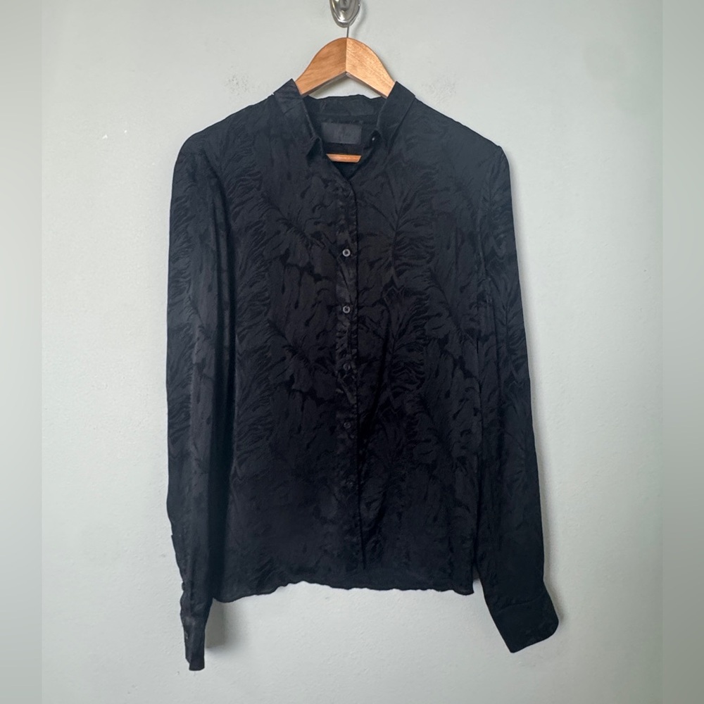 RtA Blythe Silk-Blend Dark Hawaii Blouse Jacquard Floral Button Up Black Small